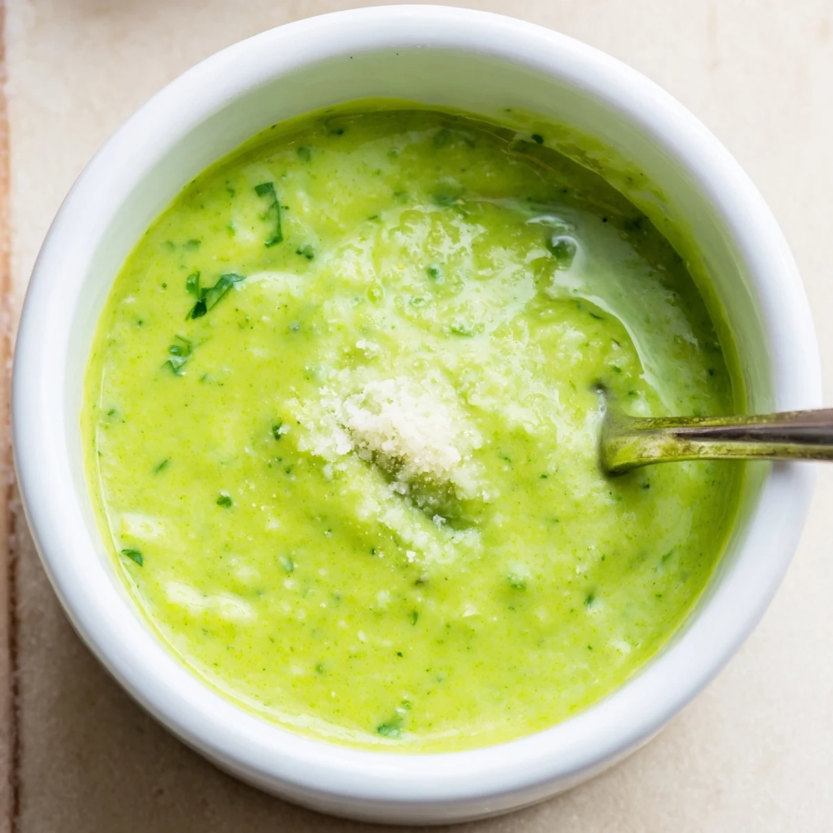 Vibrant green aji verde Peruvian sauce spooned onto rustic wooden board with fresh cilantro garnish