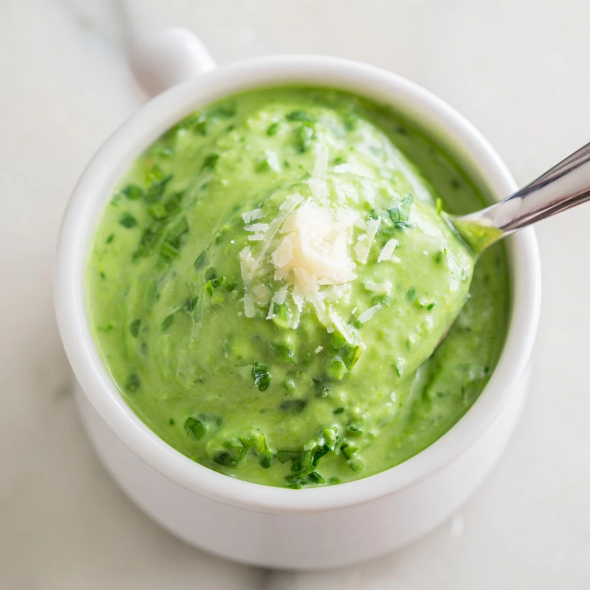 Creamy Peruvian green sauce aji verde drizzled over grilled chicken in white serving bowl