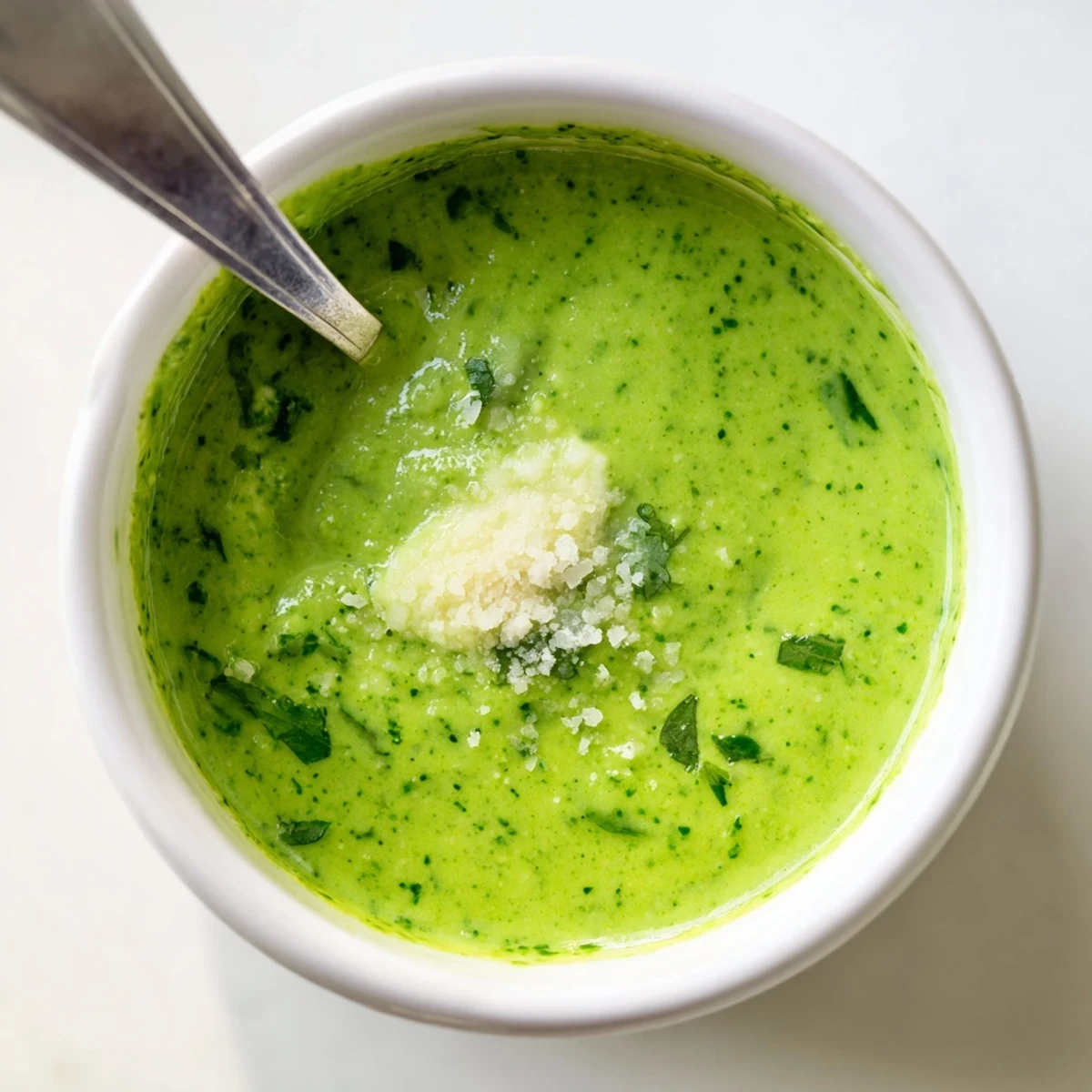 Smooth Peruvian aji verde sauce in glass ramekin alongside roasted vegetables and lime wedges