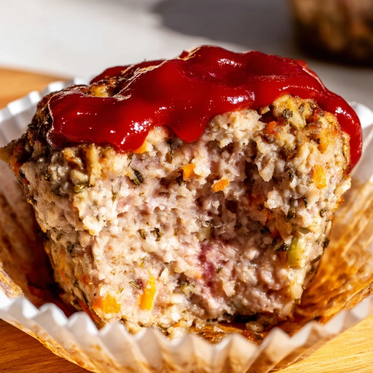 Golden brown turkey meatloaf muffins topped with glossy ketchup glaze in muffin tin