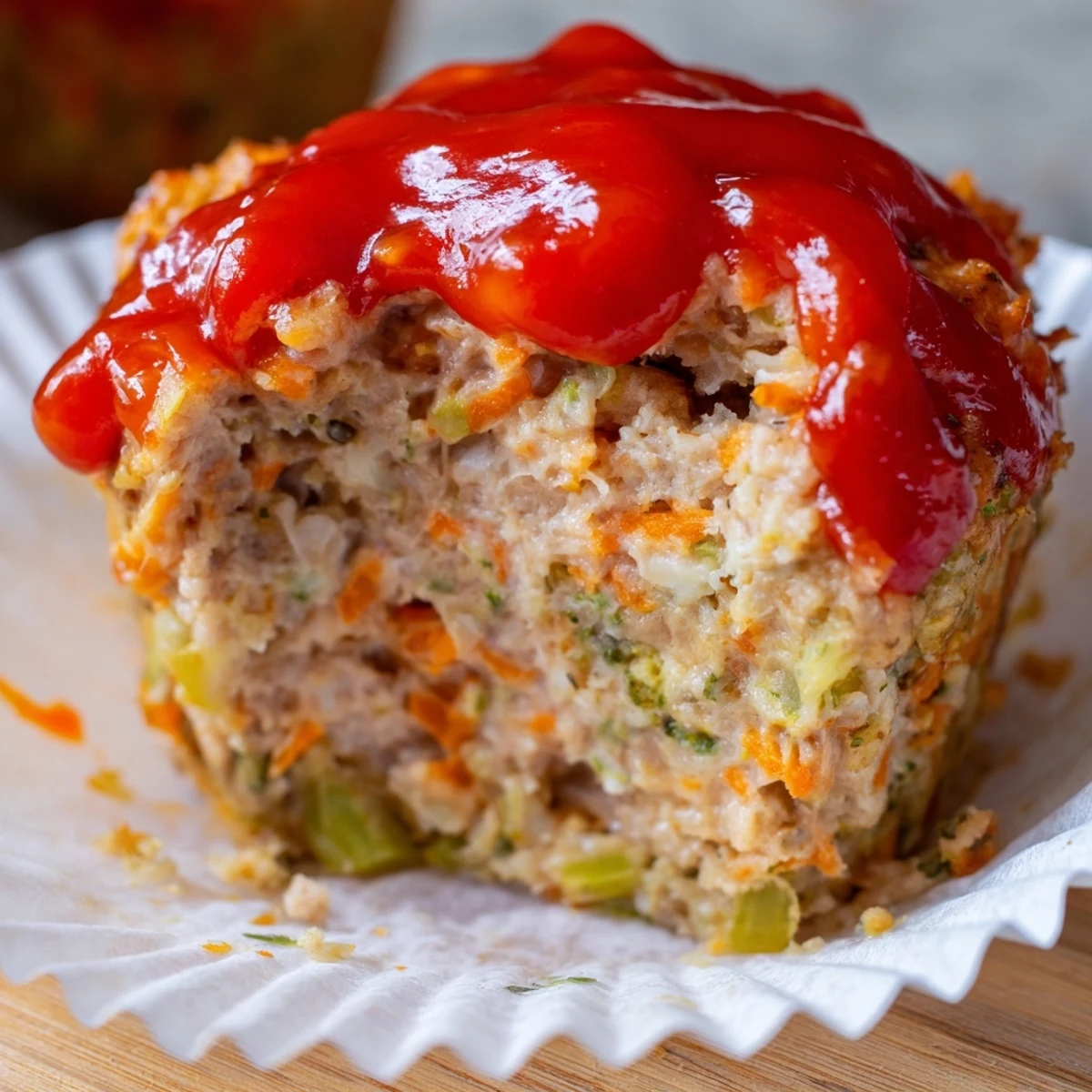 Perfectly portioned turkey meatloaf muffins arranged on white serving platter with tomato topping