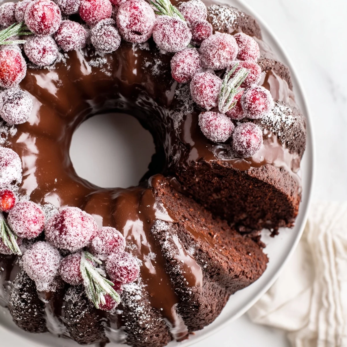 Chocolate Bundt Cake Christmas Wreath with glossy glaze, sugared cranberries, rosemary sprigs