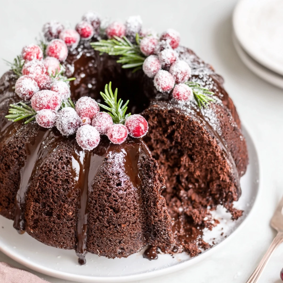 Festive Chocolate Bundt Cake Christmas Wreath sliced on platter, rich chocolate aroma