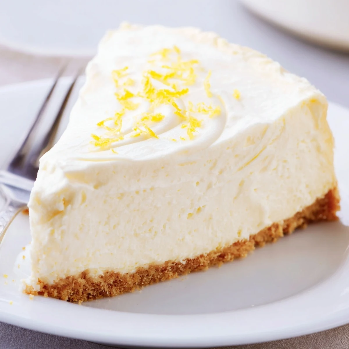 Rich Classic Cheesecake topped with lemon sour cream, sliced strawberries, plated elegantly.