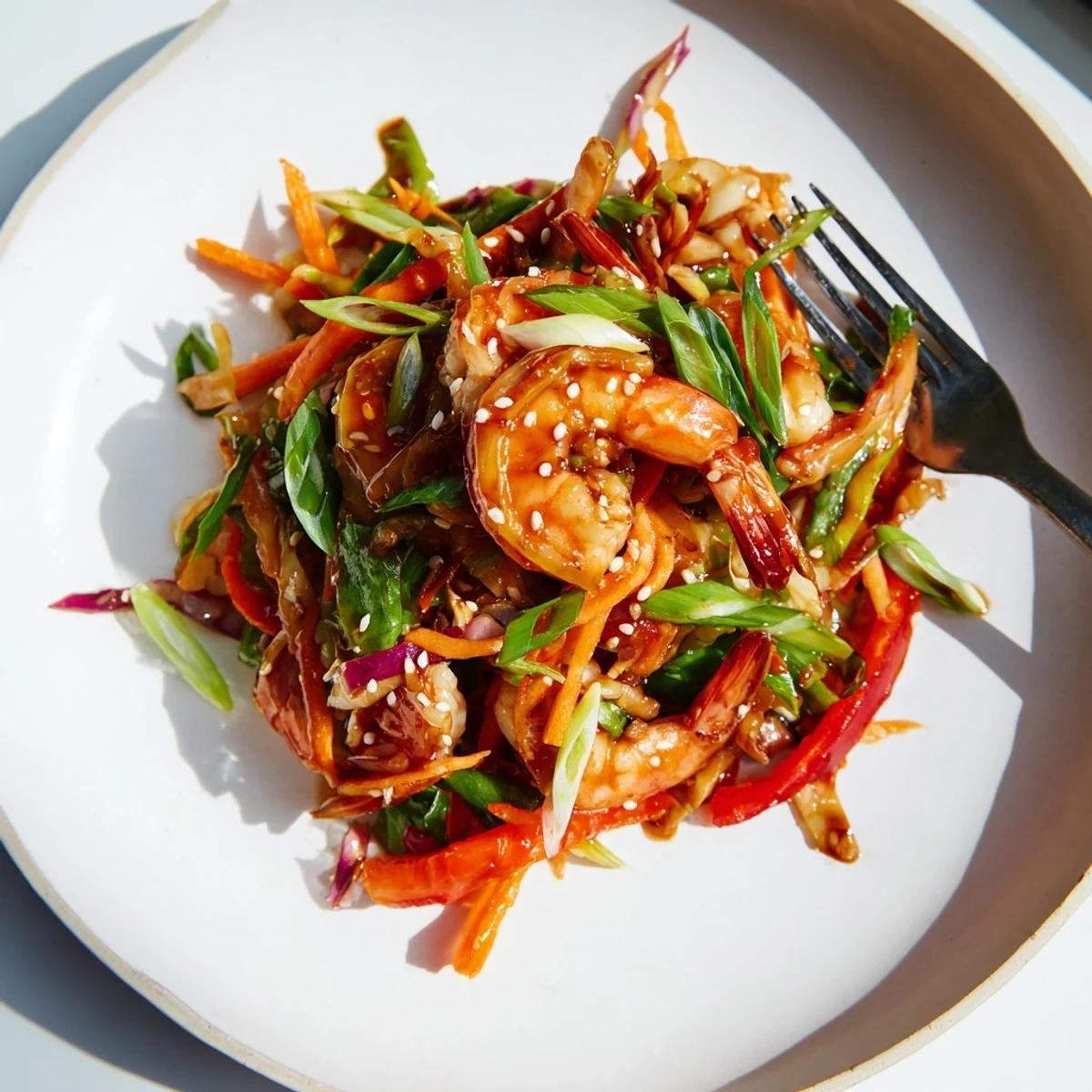 Close up of Delicious Asian Shrimp And Cabbage Stir Fry, vibrant crisp vegetables