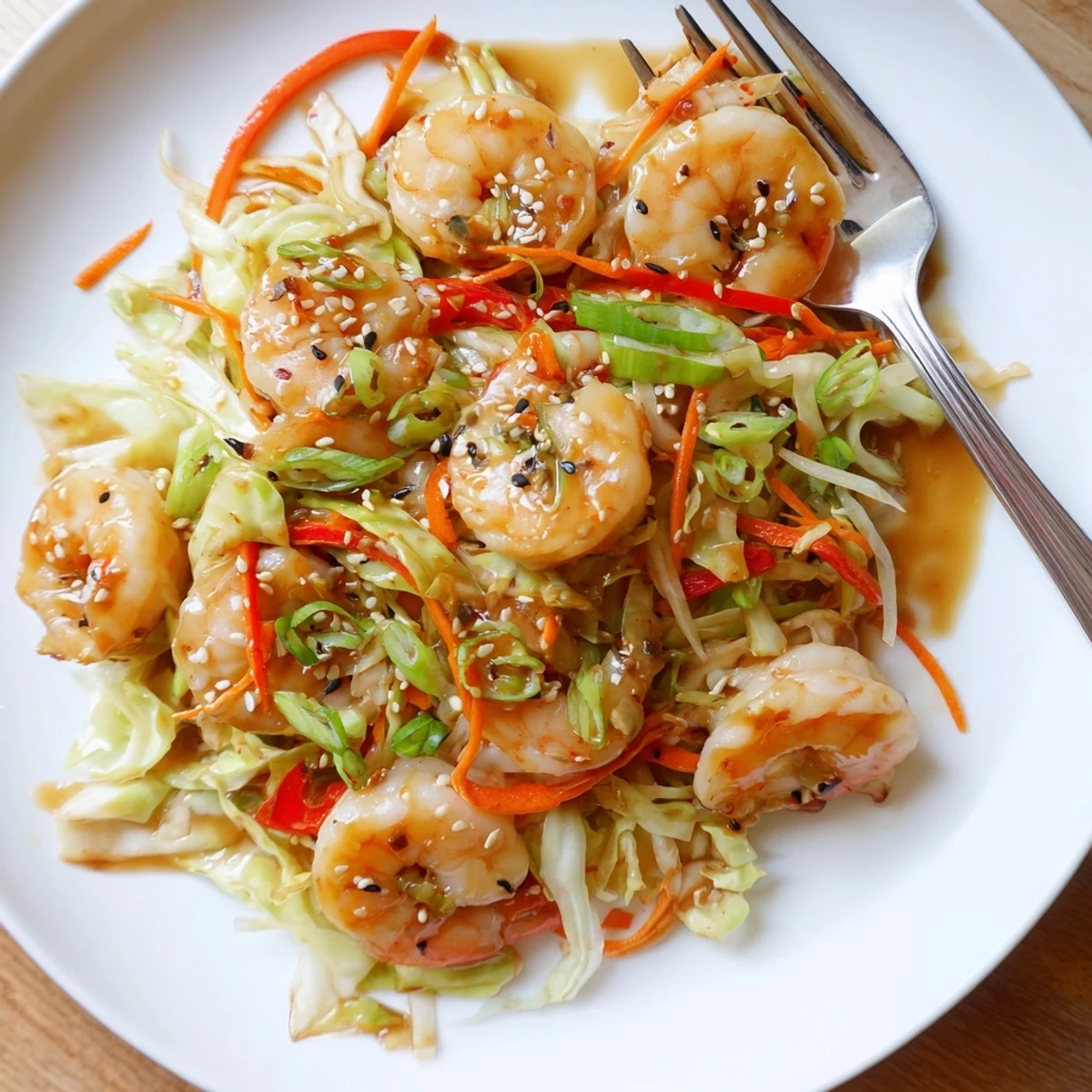 Sizzling pan of Delicious Asian Shrimp And Cabbage Stir Fry, sesame garnish
