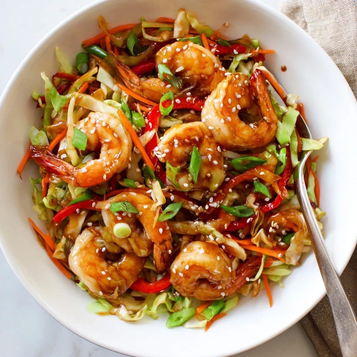 Plated Delicious Asian Shrimp And Cabbage Stir Fry with steamed rice, cilantro