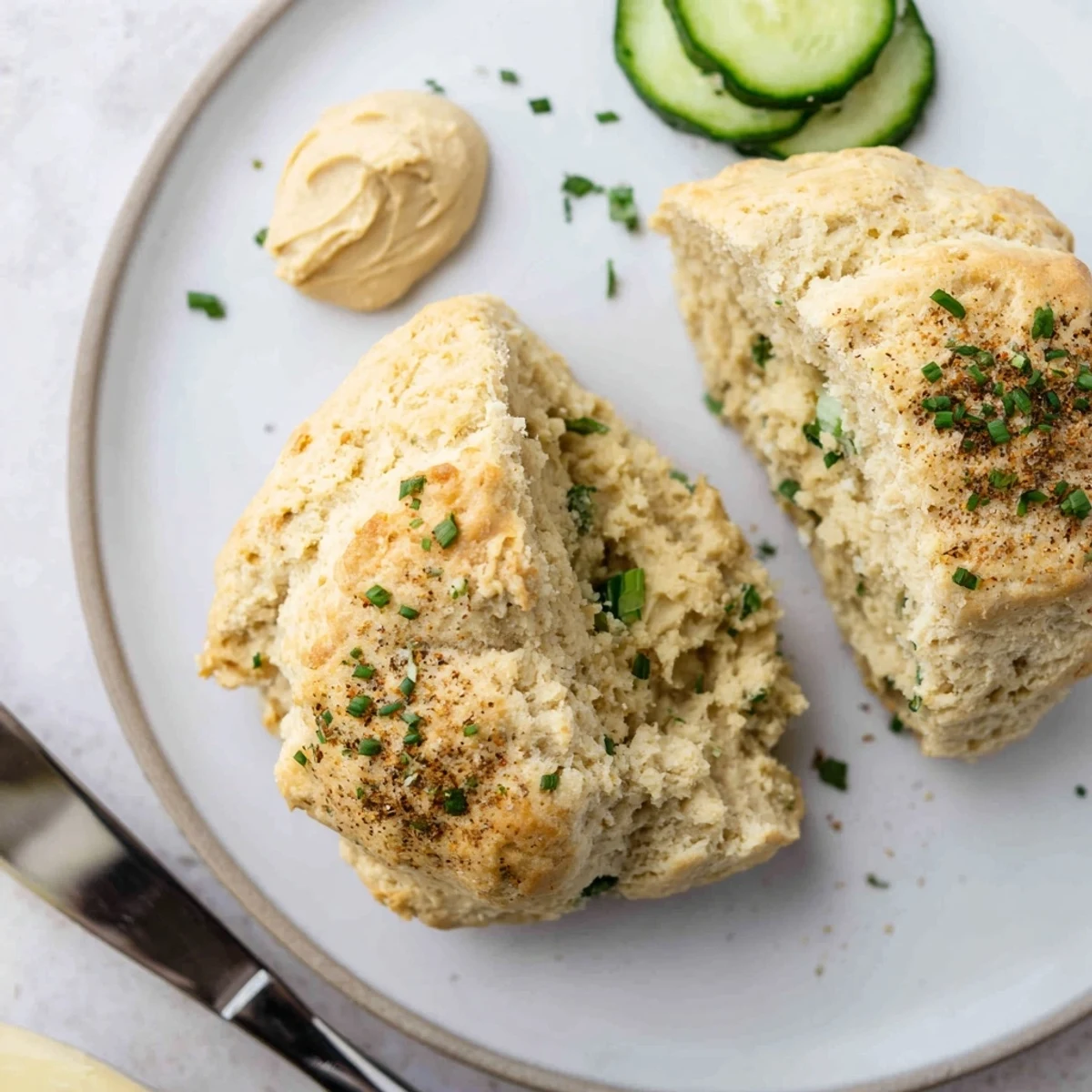 Fluffy Humous Scones split open, steam rising, served with sliced cucumber