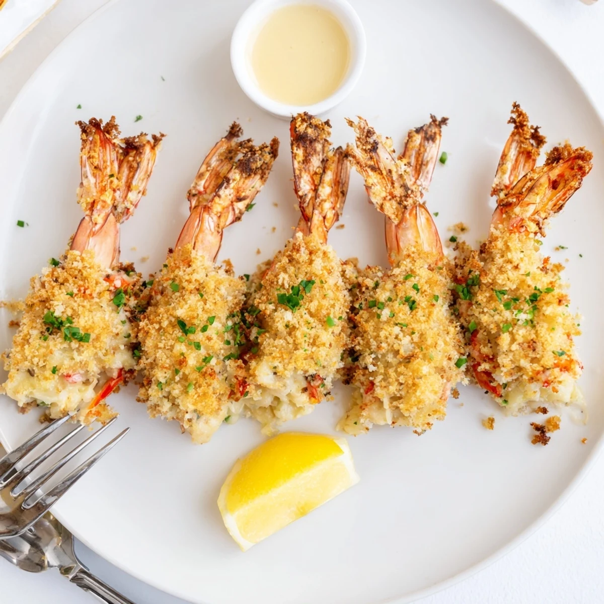 Plated Crab Cake Stuffed Shrimp With Cowboy Butter, lemon wedges and parsley