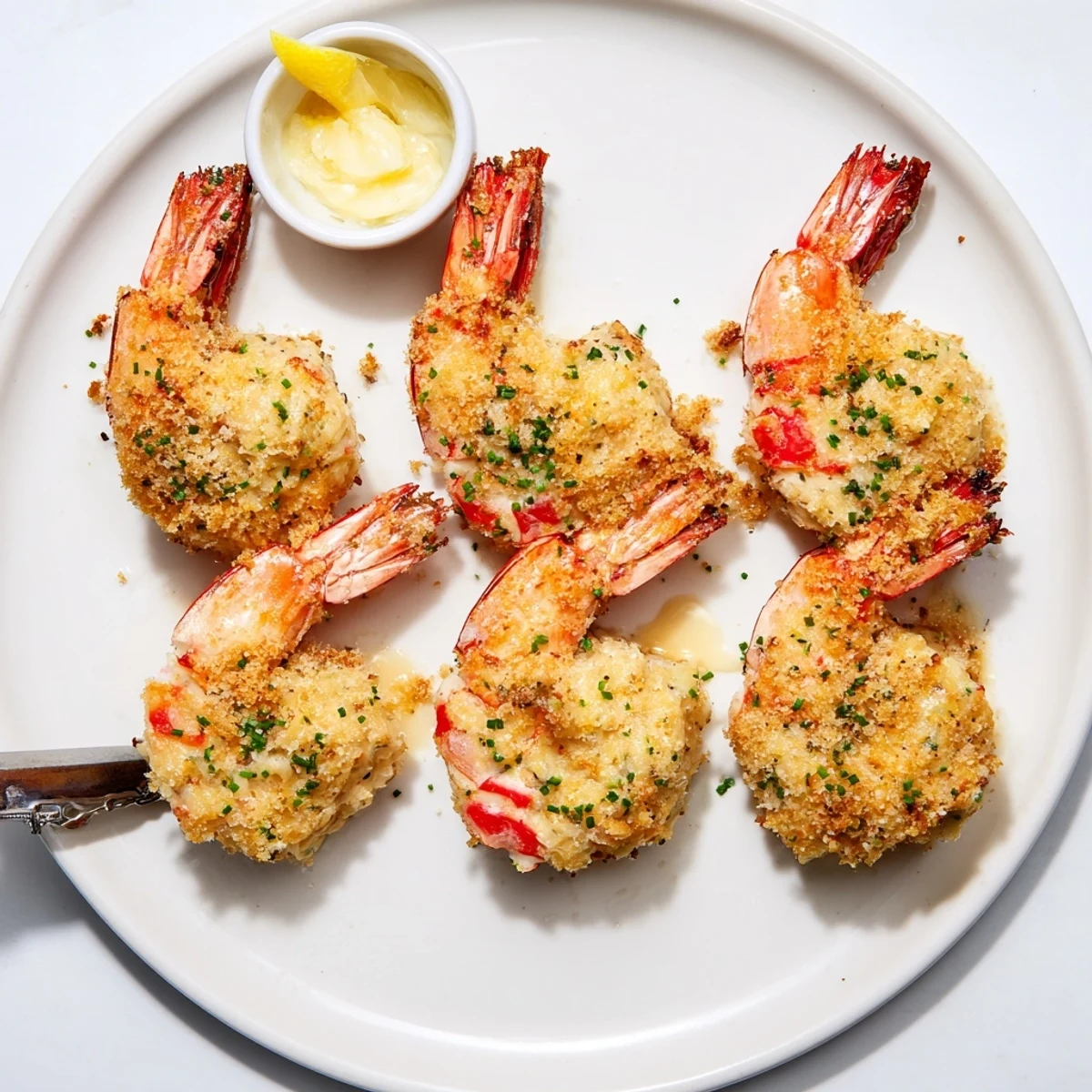 Golden broiled Crab Cake Stuffed Shrimp With Cowboy Butter, garlic-laced drizzle