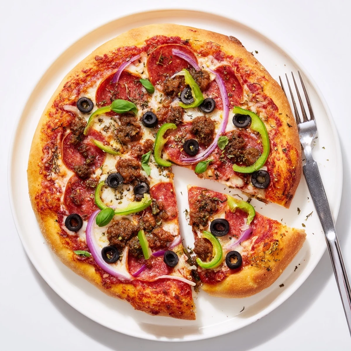 Crispy-edged Focaccia Pizza Supreme topped with olives, onions, and melted cheese.