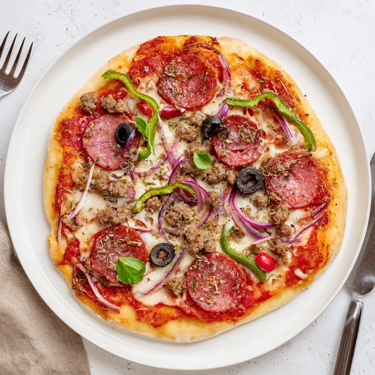 Warm Focaccia Pizza Supreme sliced on a board, savory sausage and basil.