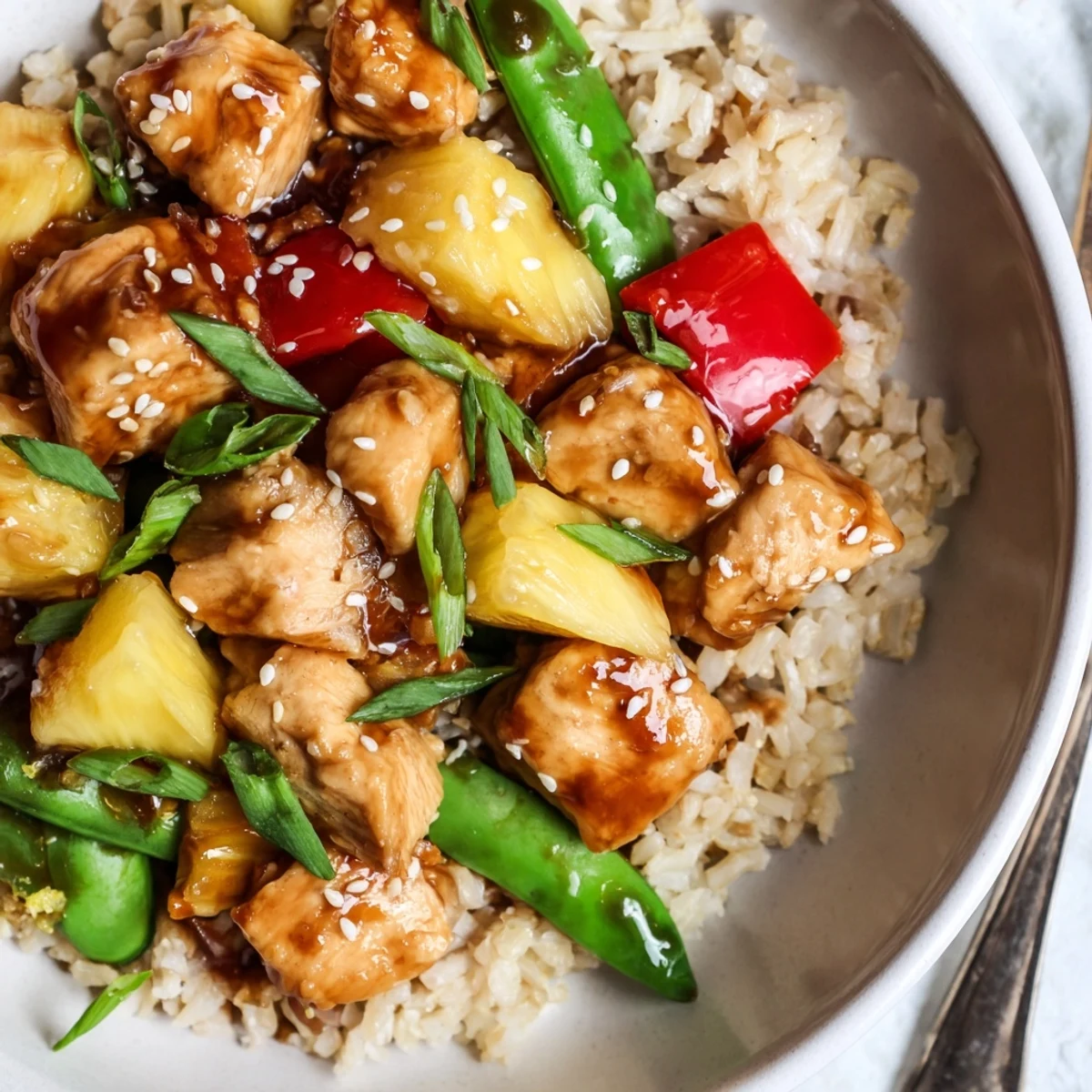 Pineapple Chicken And Rice in a glossy sauce, colorful veggies, steaming.  