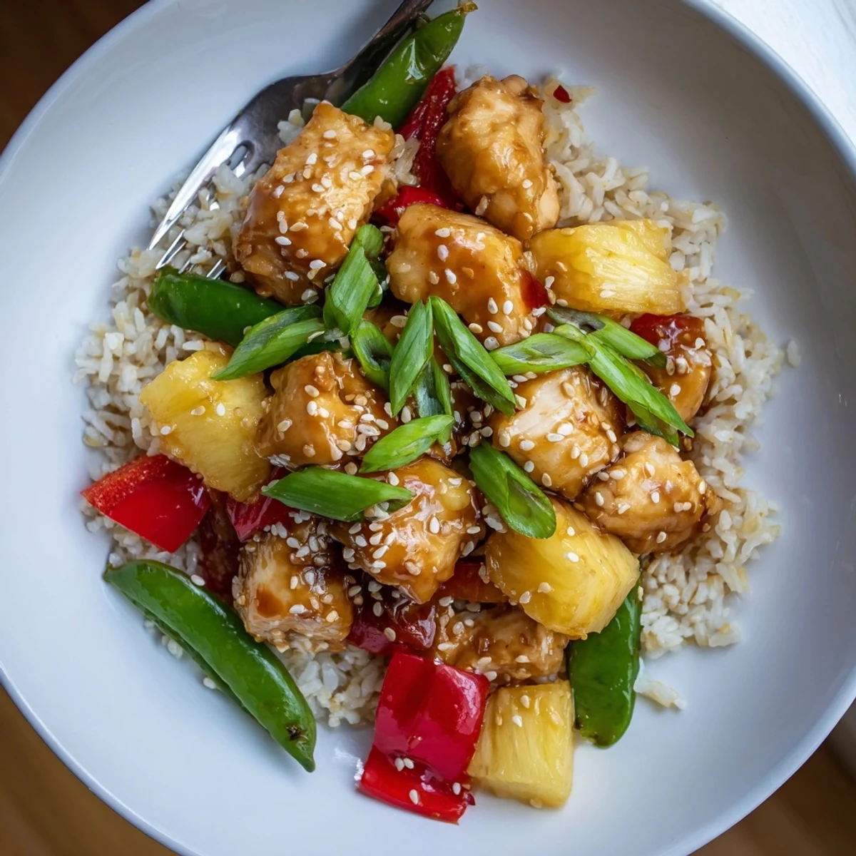 Bowl of Pineapple Chicken And Rice, sweet pineapple bites and fragrant ginger.  