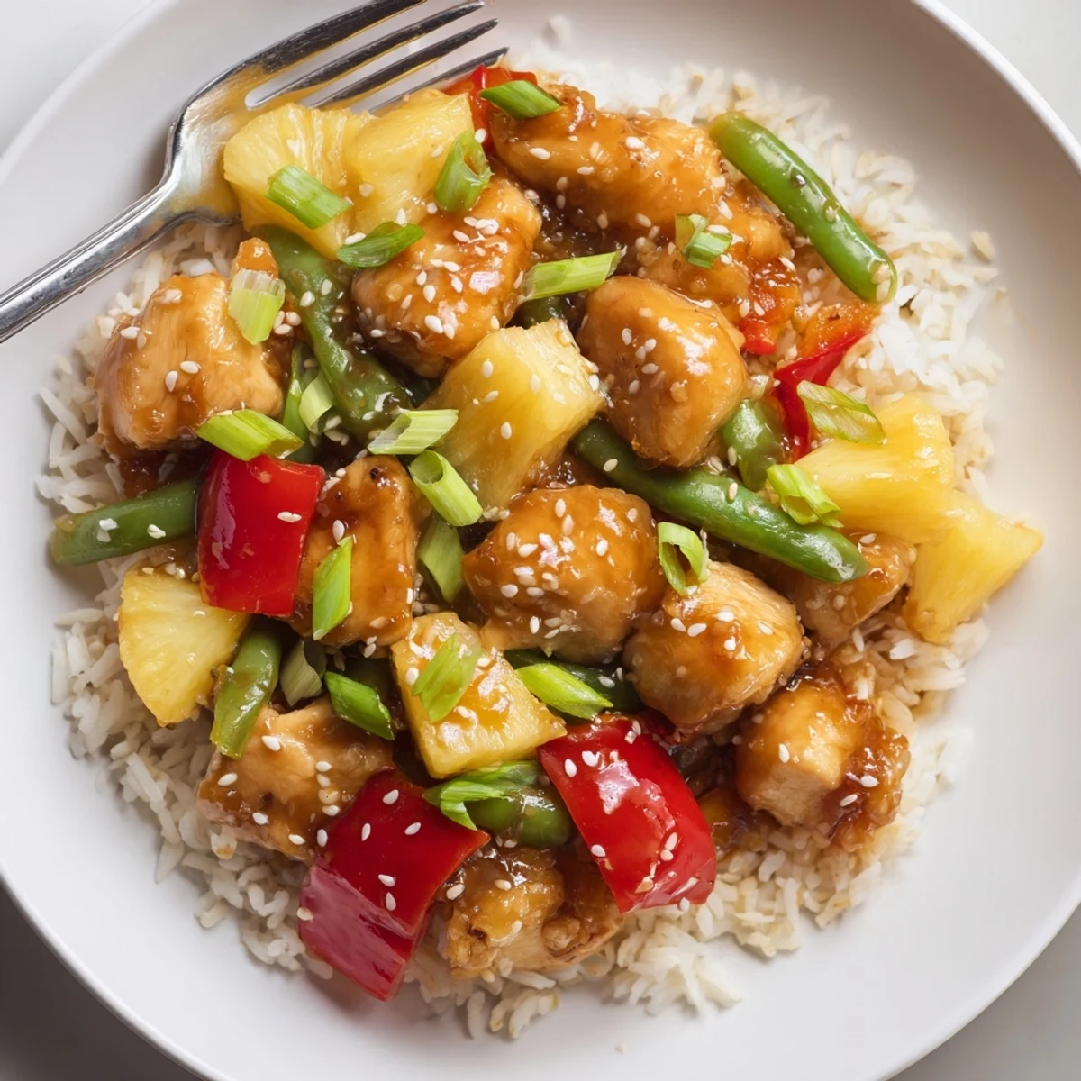 Pan-seared Pineapple Chicken And Rice tossed with snap peas, scallions, sesame.