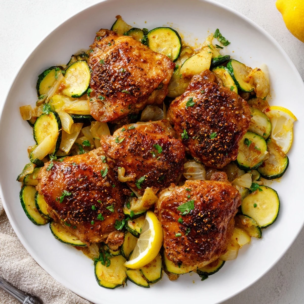 Asado Chicken With Lemon Zucchini Saute on skillet, golden thighs glistening  