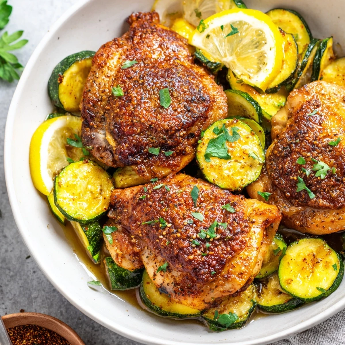 Pan-seared Asado Chicken With Lemon Zucchini Saute, bright parsley and lemon  