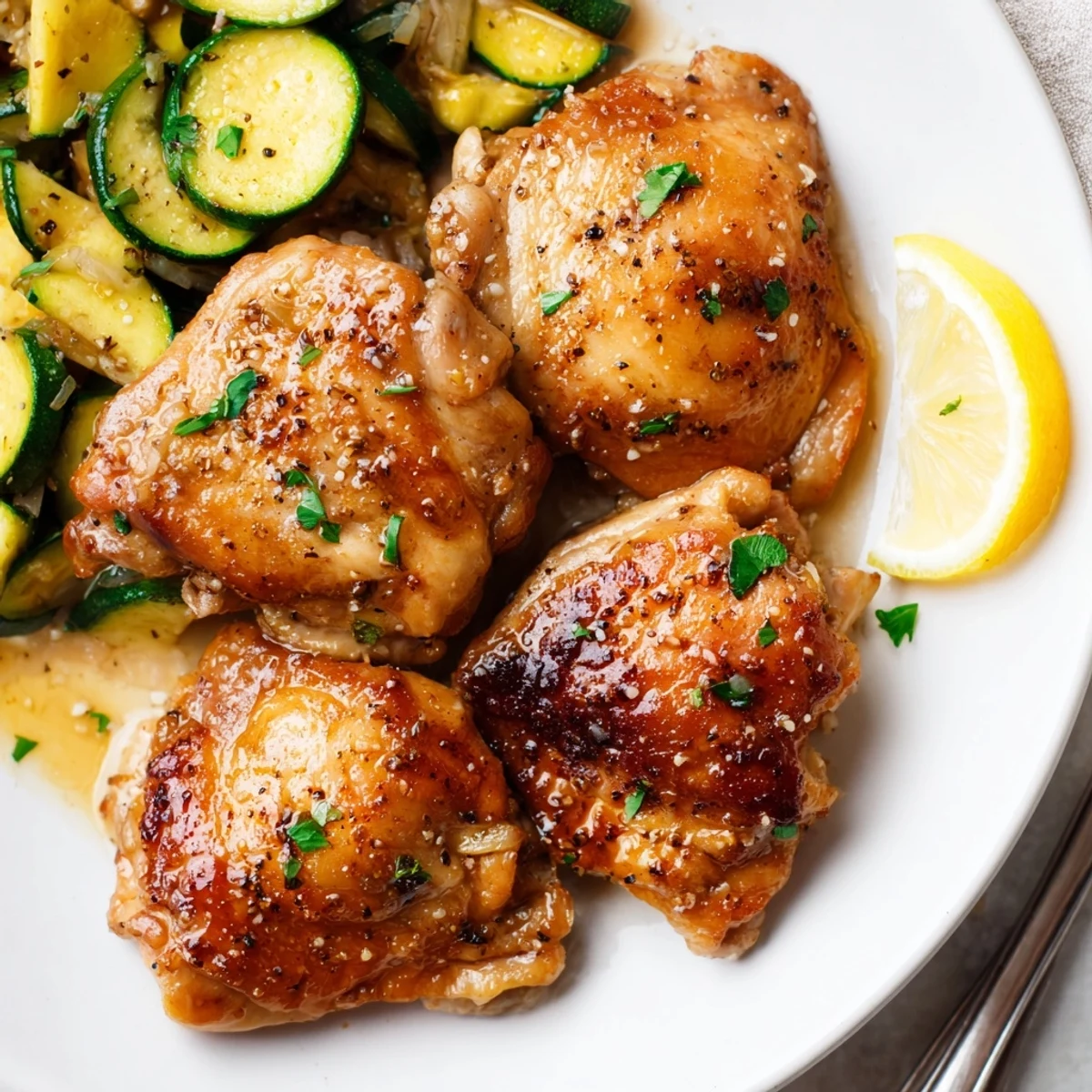 Asado Chicken With Lemon Zucchini Saute served warm, fragrant garlic and zest