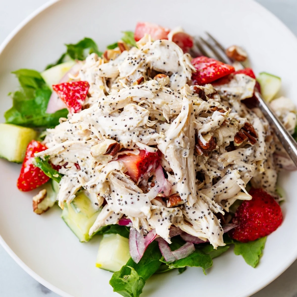 Strawberry Poppy Seed Rotisserie Chicken Salad with juicy strawberries and crunchy pecans