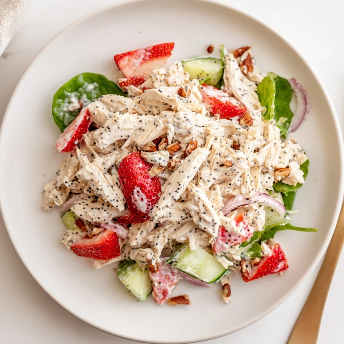 A chilled Strawberry Poppy Seed Rotisserie Chicken Salad tossed in creamy honey dressing