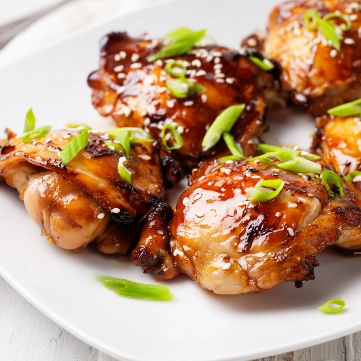 Golden bone-in teriyaki chicken thighs glazed with sticky sauce and sesame seeds