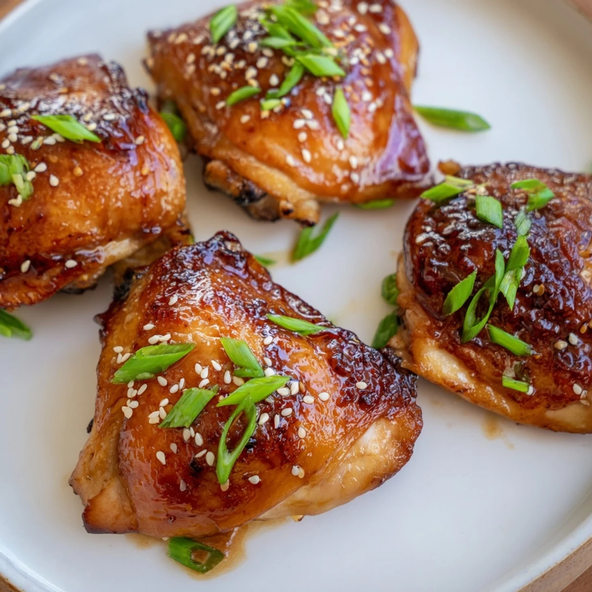 Savory-sweet bone-in teriyaki chicken thighs served on white rice with vegetables