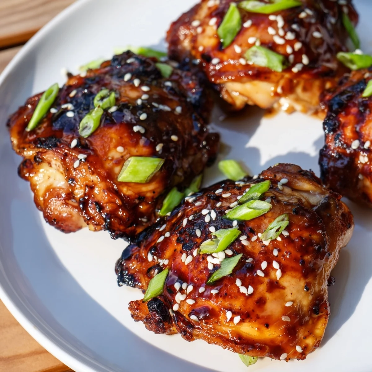 Juicy oven-roasted teriyaki chicken thighs with caramelized skin and green onion garnish