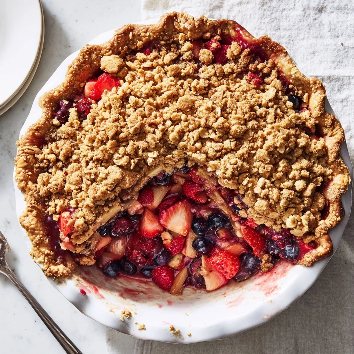 Golden buttery crumble topping a bubbling sweet berry rhubarb dream pie slice