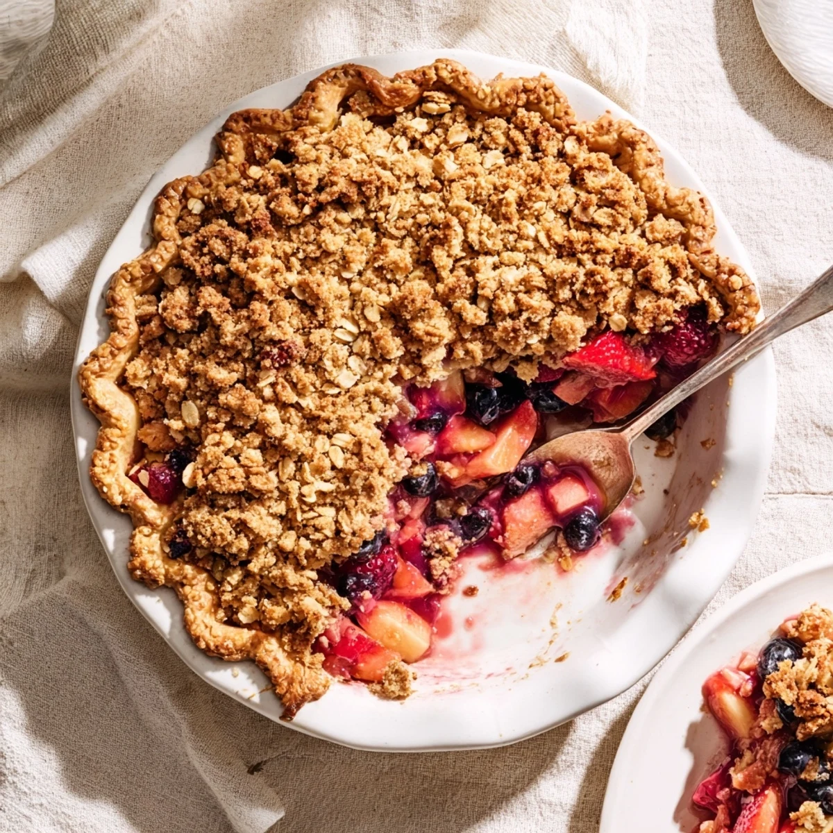 Sliced sweet berry rhubarb dream pie plated with whipped cream and golden crumble