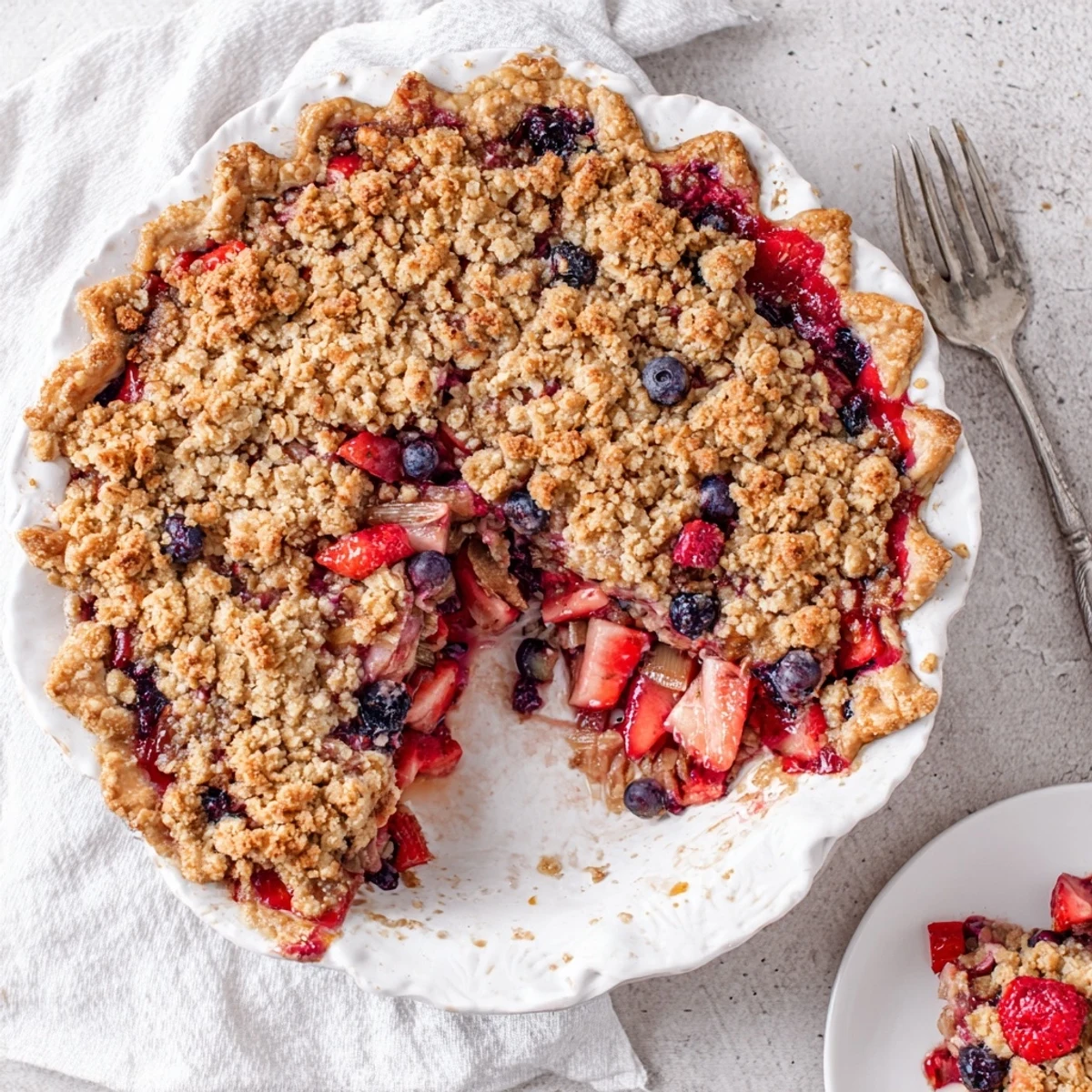 Fresh baked sweet berry rhubarb dream pie with oats and red fruit filling