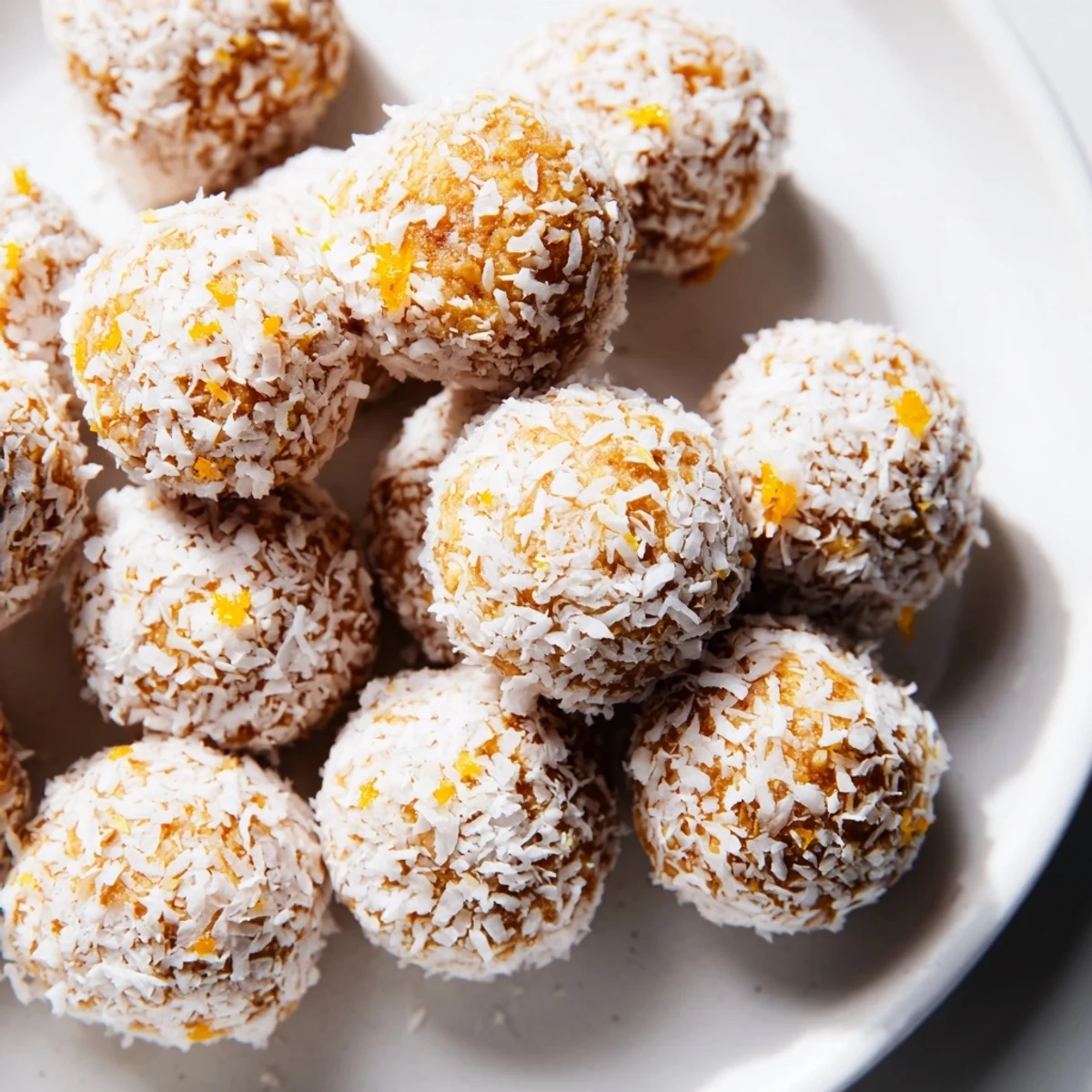 Citrus Bliss Bits for baby shower garnished with coconut on white serving platter