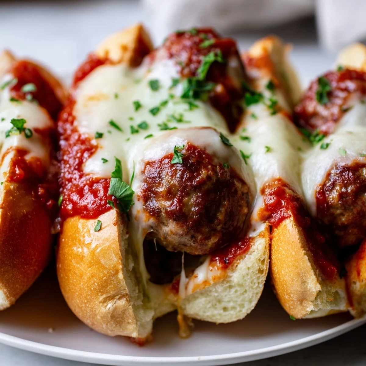 Golden toasted meatball subs oozing with melted mozzarella and rich marinara sauce