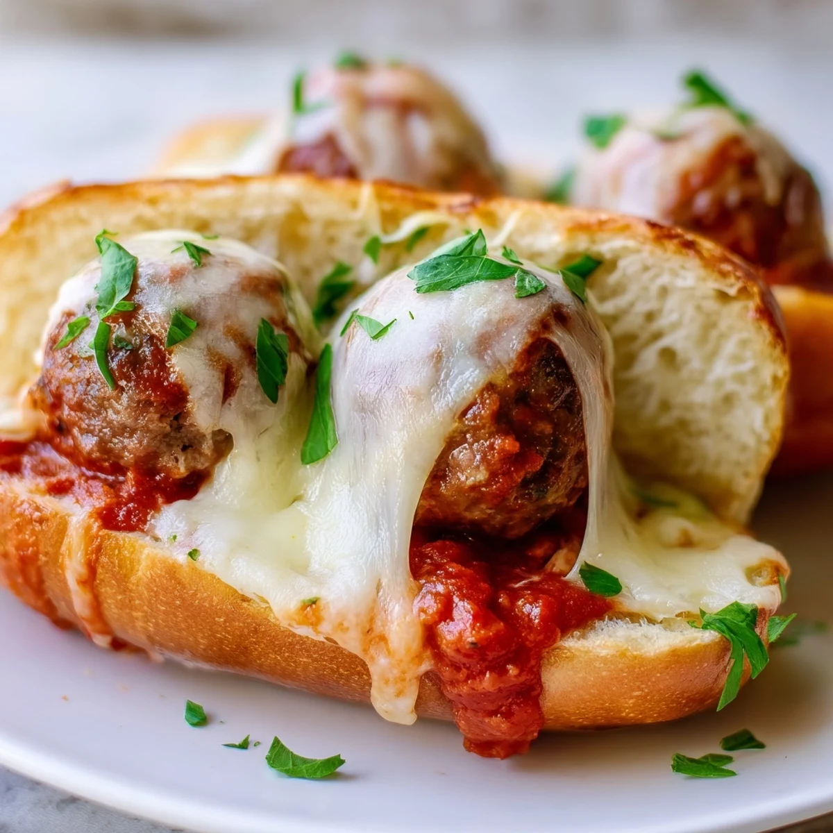 Homemade cheesy meatball subs stacked with tender beef meatballs in warm garlic butter rolls