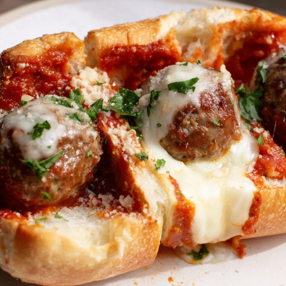 Classic Italian-American meatball subs smothered in bubbling cheese and savory tomato sauce on toasted bread