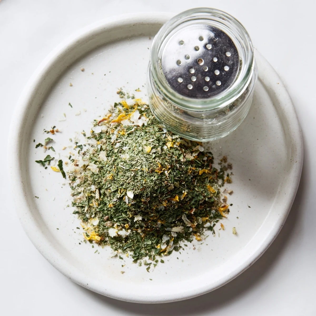 Homemade dehydrated tzatziki seasoning mix in glass jar with dried green herbs and spices