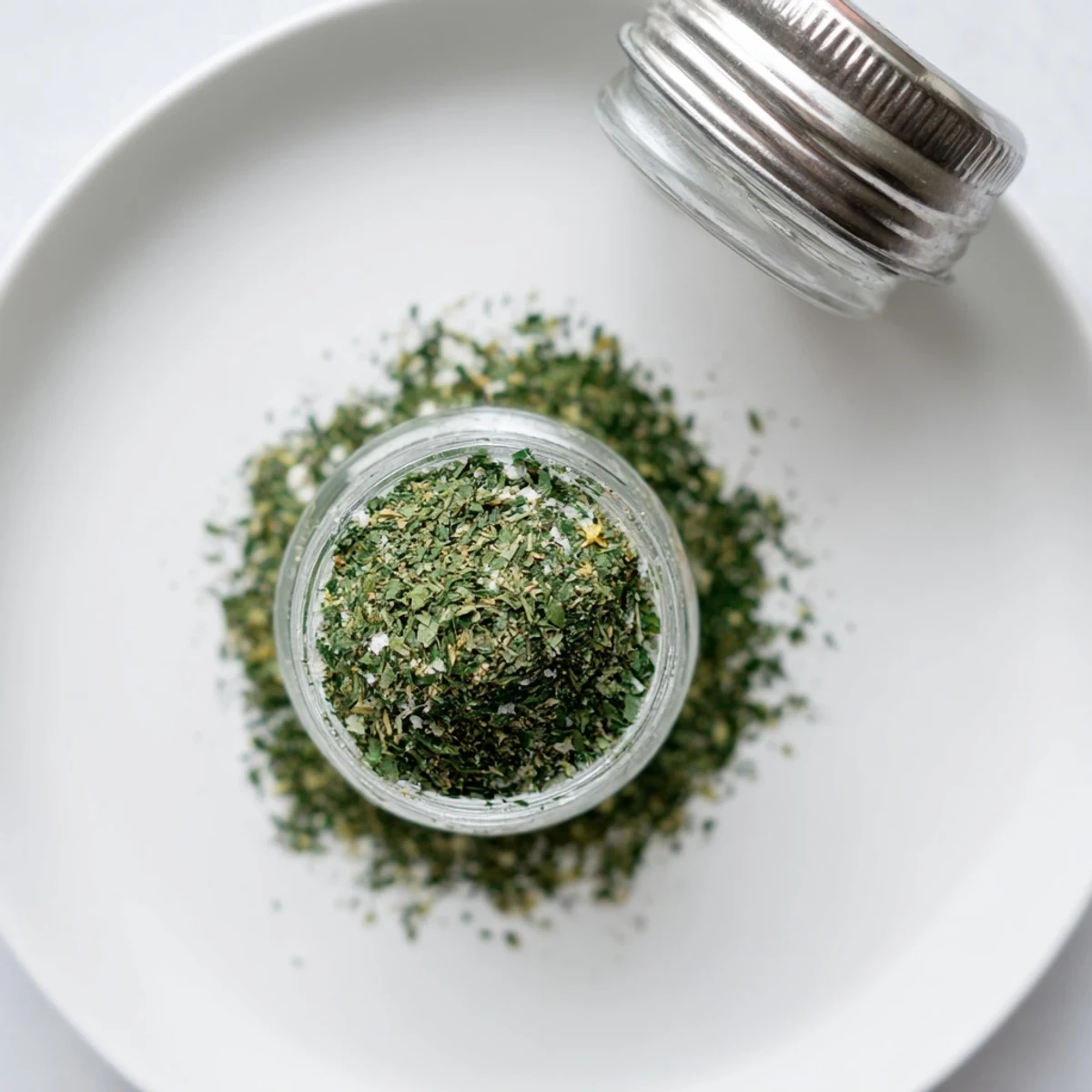 Close-up of dehydrated tzatziki seasoning blend sprinkled over Greek yogurt dip with olive oil drizzle