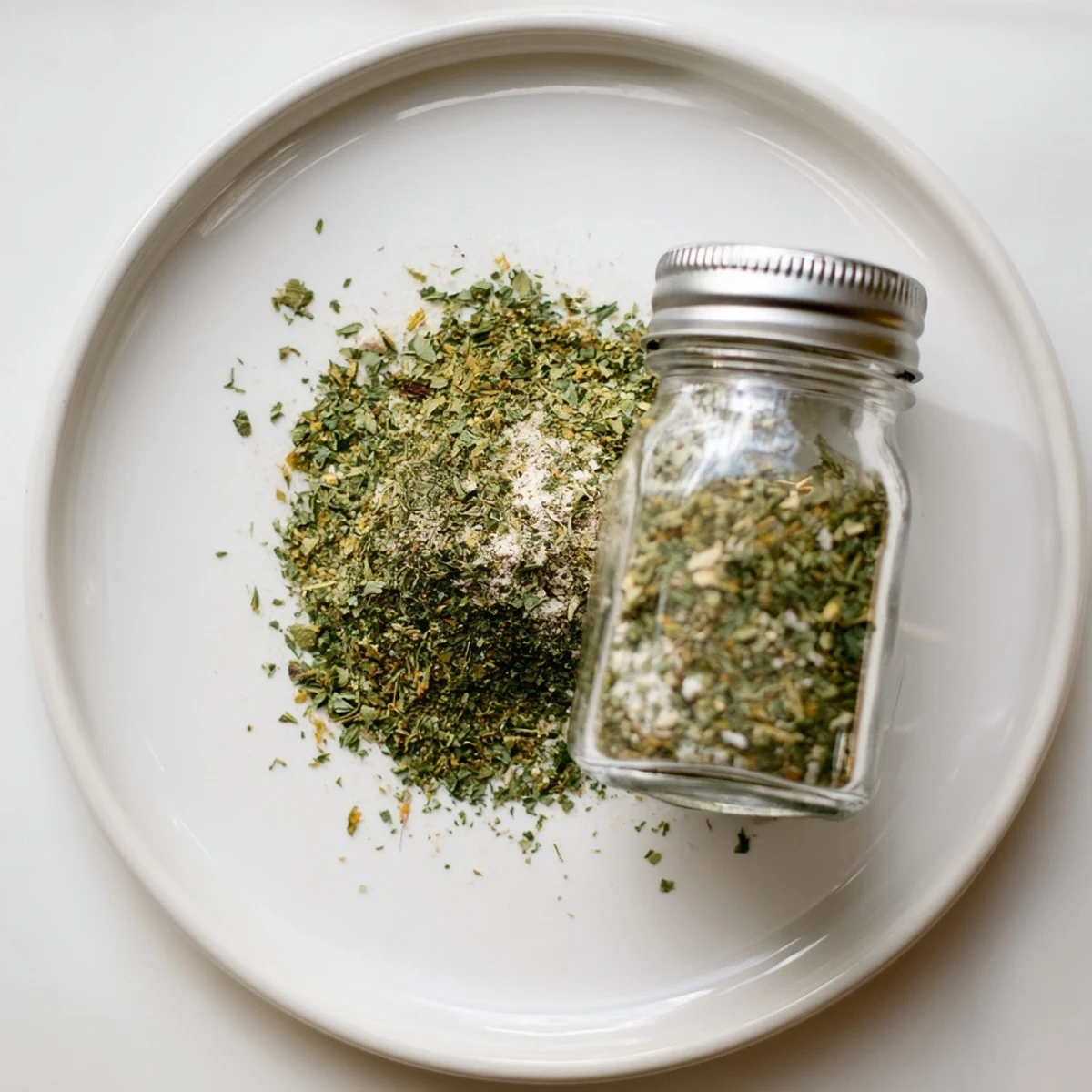 Rustic wooden table displaying DIY dehydrated tzatziki seasoning mix beside measuring spoons and fresh herbs