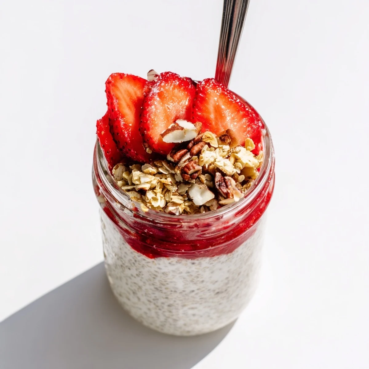 Glass jar layered with creamy chia pudding, sweet strawberry compote, and golden oat crumble topping