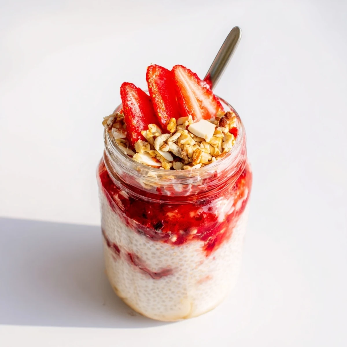 Parfait-style strawberry crumble chia pudding showing vibrant red fruit layers with crunchy nutty topping