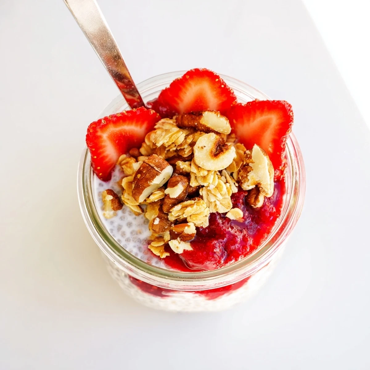 Close-up of layered chia pudding jar with fresh strawberries, spiced oat crumble, and creamy vanilla pudding