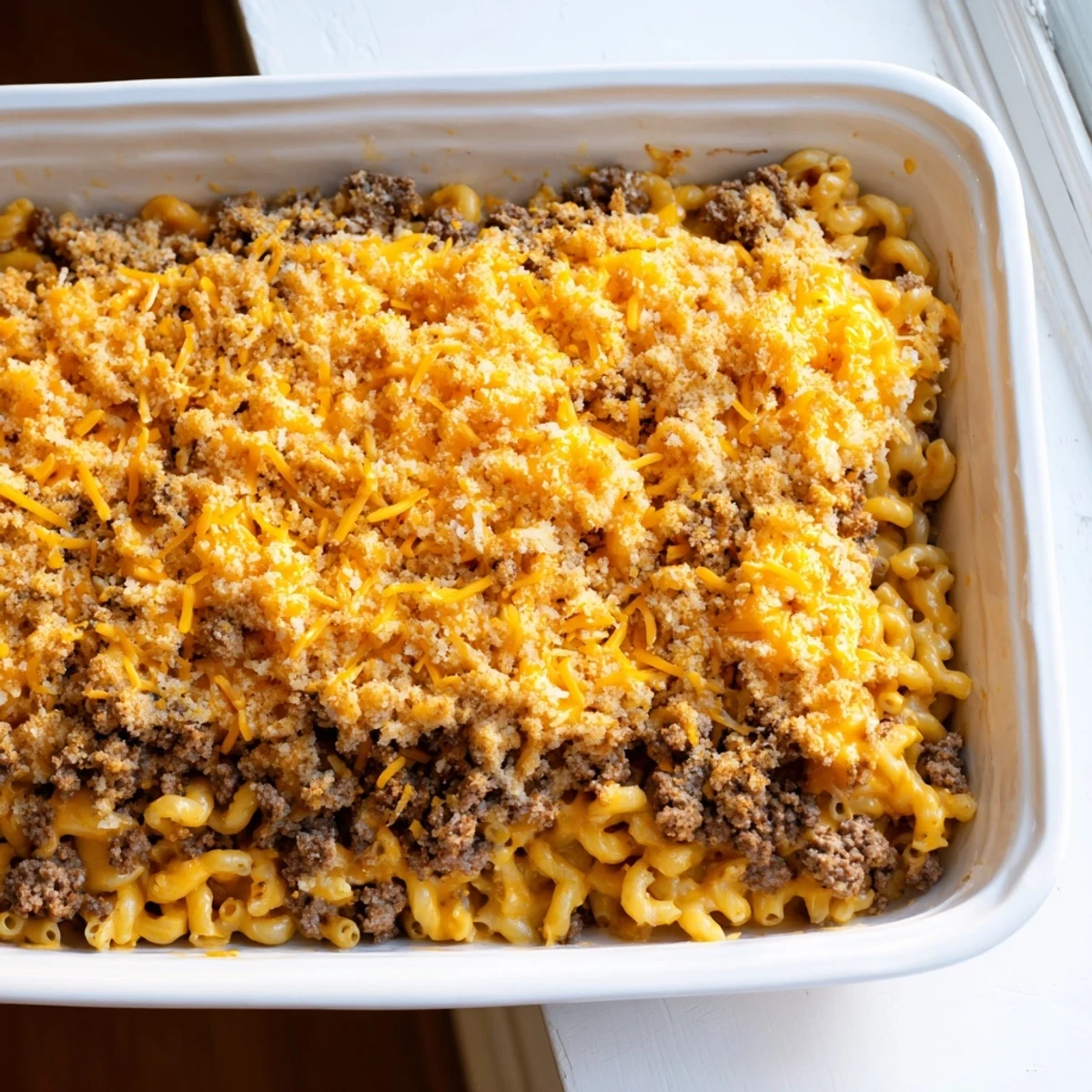 Golden baked Mac and Cheese Meatloaf Casserole with bubbling cheesy topping and crispy breadcrumb garnish