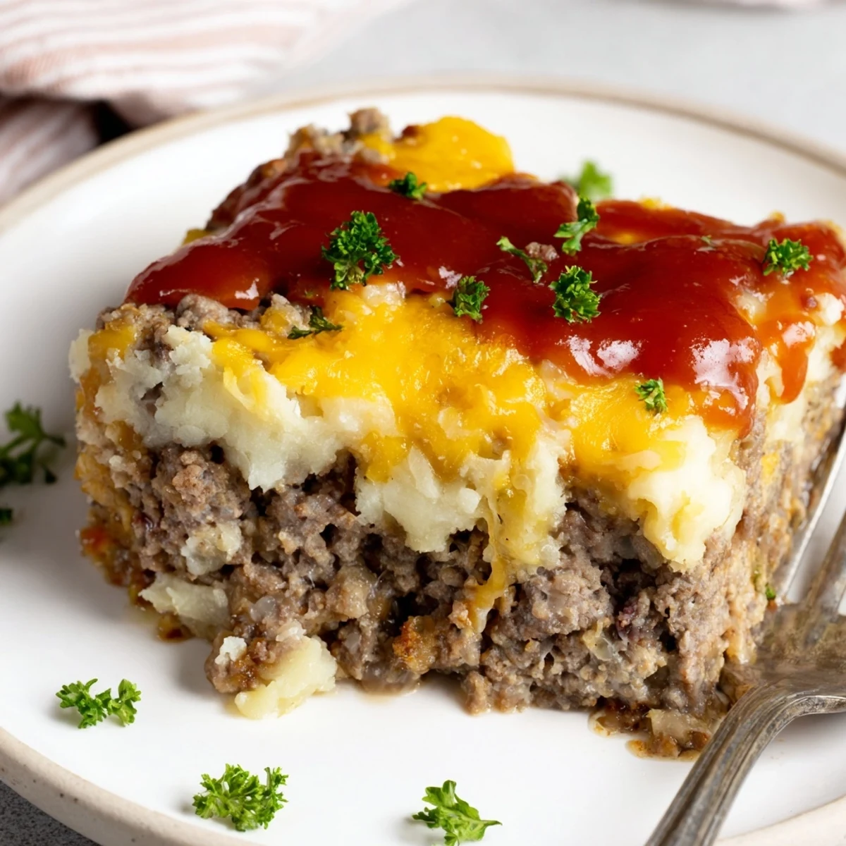 Meatloaf Casserole bubbling with golden cheddar, creamy mashed potatoes, parsley garnish.
