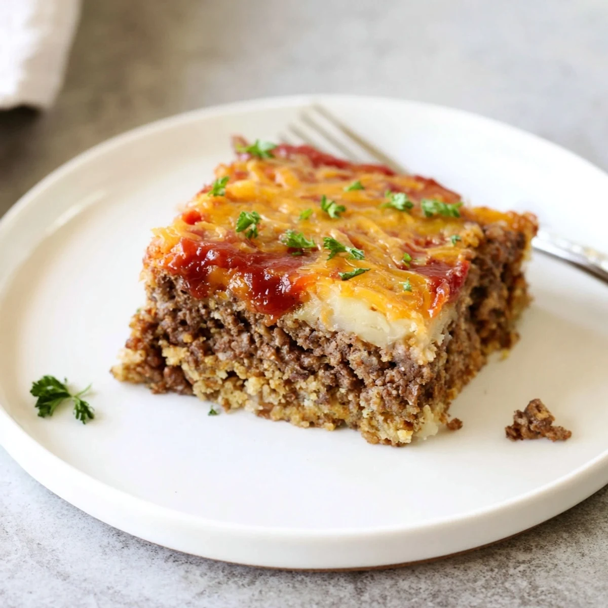 Warm Meatloaf Casserole layered with saucy meat, fluffy mashed potato topping.