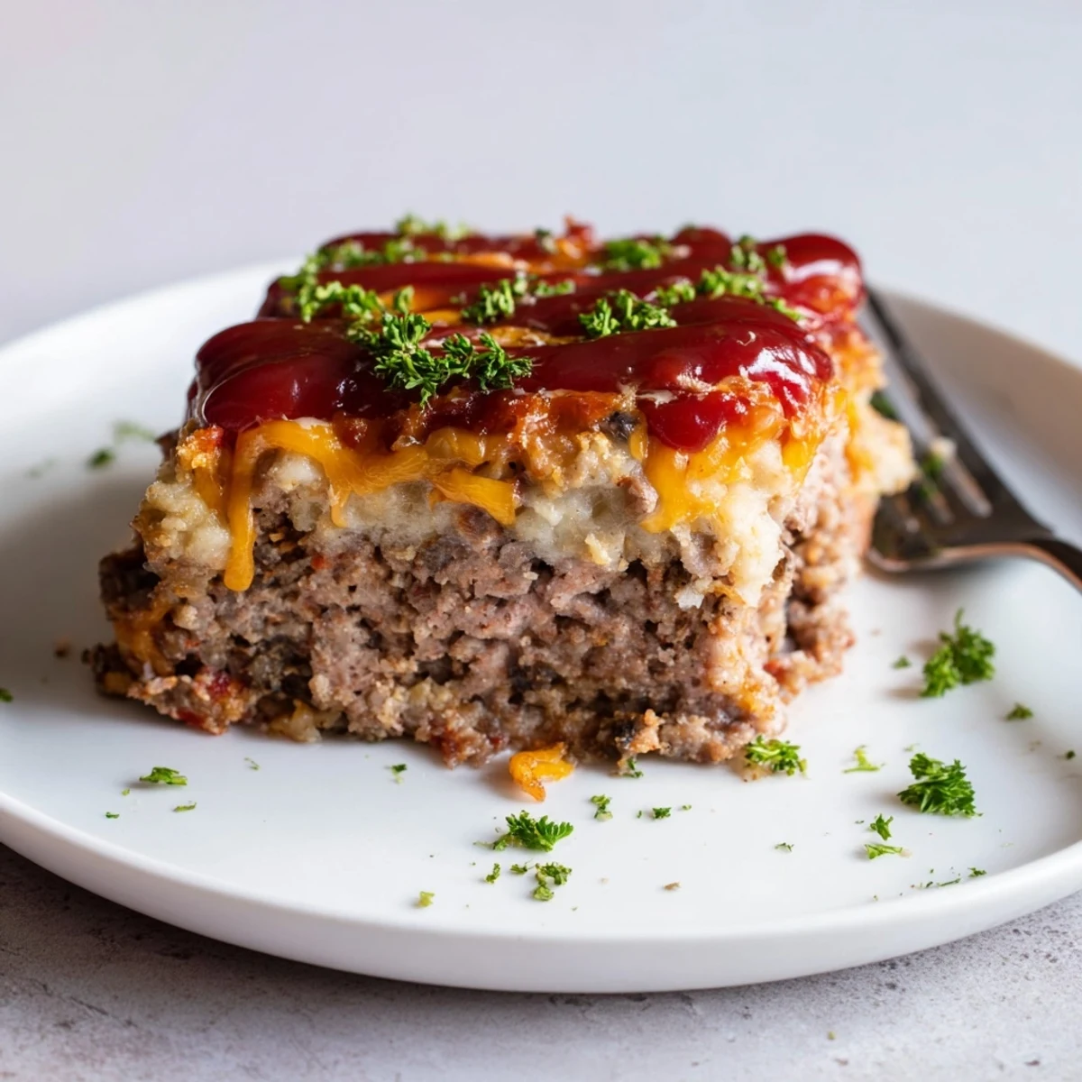 Slice of Meatloaf Casserole on plate, savory aroma, fork ready comfort.