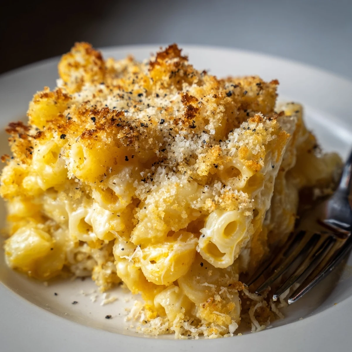 Baked Mac And Cheese topped with golden breadcrumb crust, served hot.