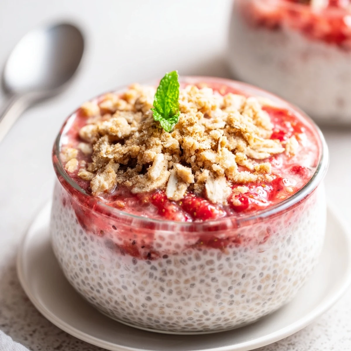 Strawberry Crumble Chia Pudding layered in jar, creamy seeds, crunchy oat topping.