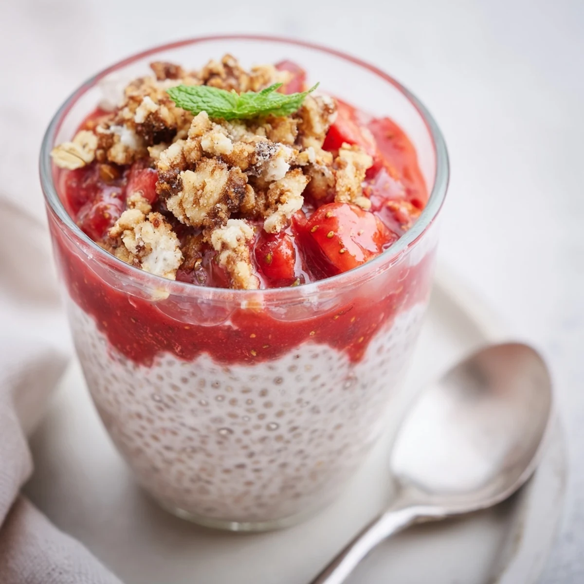 Glass of Strawberry Crumble Chia Pudding garnished with fresh mint and a spoon.