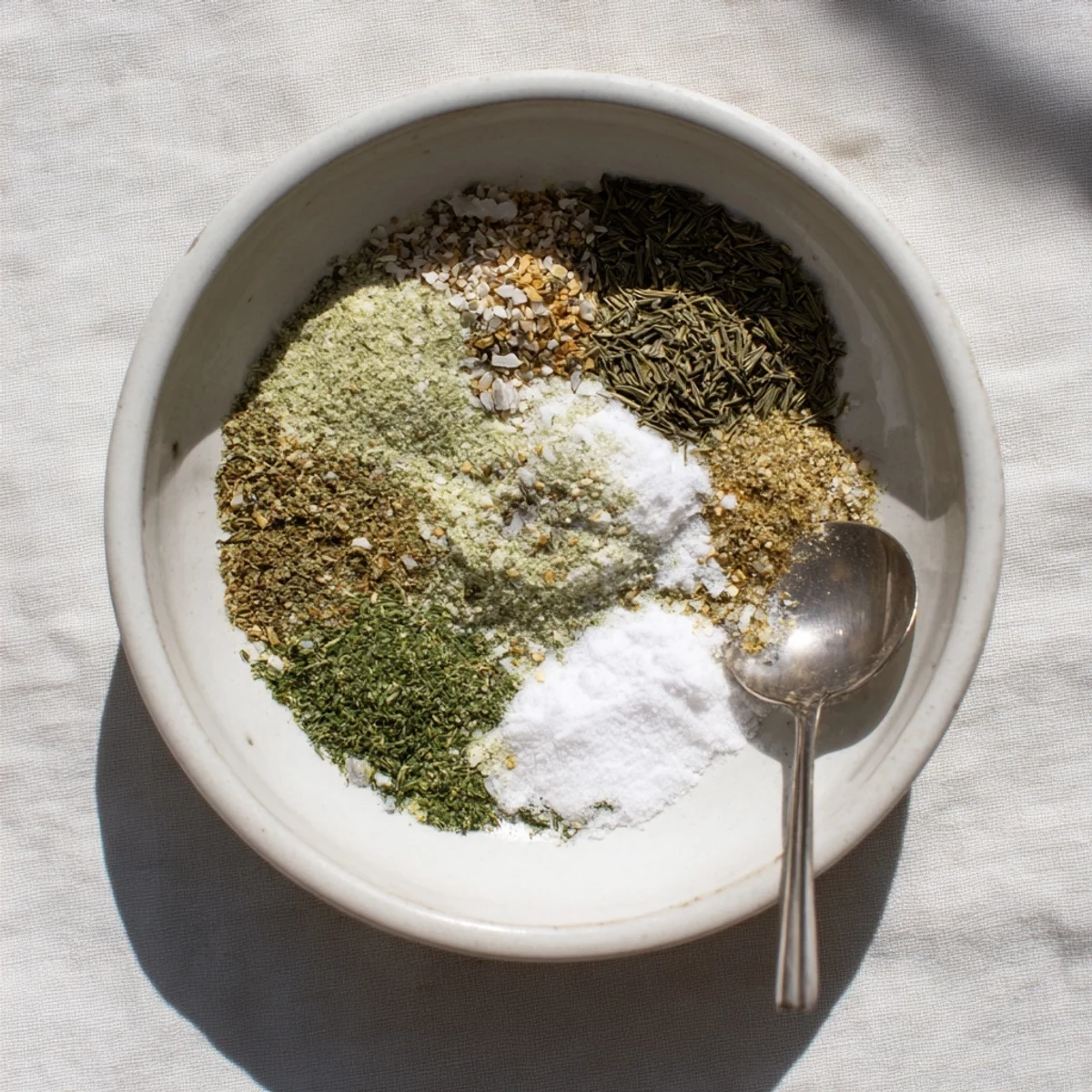 Jar of Dehydrated Tzatziki Seasoning Mix with dried herbs, lemony aroma
