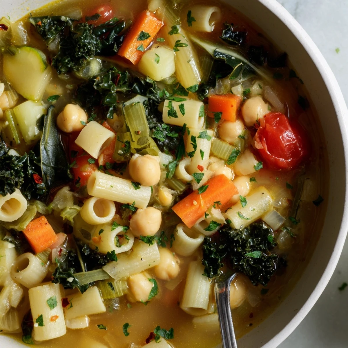 Steaming bowl of vegan Italian penicillin soup brimming with colorful vegetables, herbs, and tender pasta