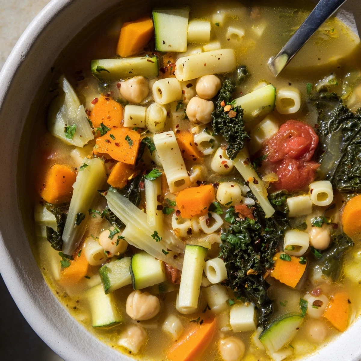 Golden vegan Italian penicillin soup ladled into a rustic bowl alongside crusty bread for dipping